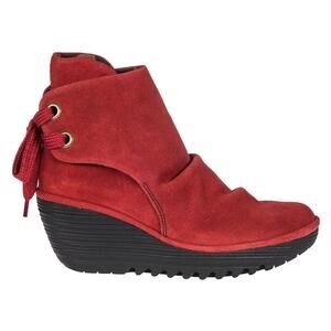 FLY London Yama Red Suede Platform Wedge Ankle Booties - EU 39 / US 8.5 / UK 6